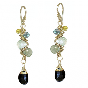Handcrafted Wrapped Gemstone Branch Earrings – Peridot, Apatite, Green Amethyst, Moss Aquamarine & Black Spinel