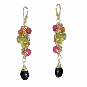 Handcrafted Wrapped Gemstone Branch Earrings – Ruby, Mandarin Garnet, Peridot & Black Spinel