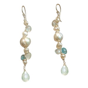 Handcrafted Wrapped Gemstone Branch Earrings – Pearl, Apatite, Aquamarine & Green Amethyst