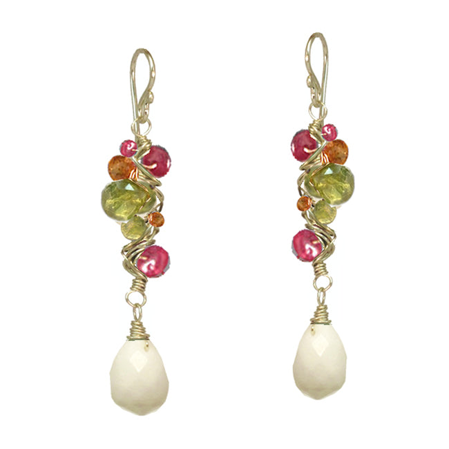 Handcrafted Wrapped Gemstone Branch Earrings – Ruby, Mandarin Garnet, Peridot & White Agate