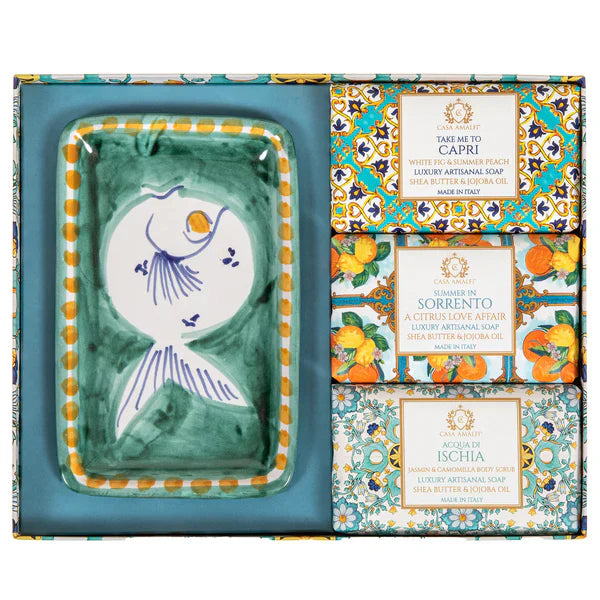 Casa Amalfi Green Maiolica Gift Box: 3 Soaps + Ceramic Soap Dish - ClickThatClicks 