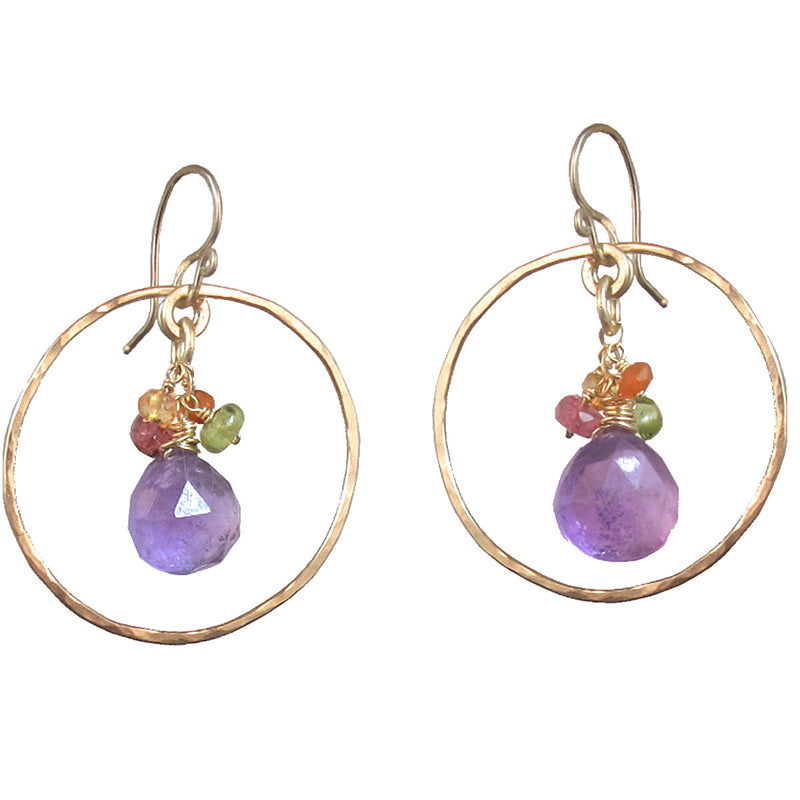 Hammered Circle Earrings with Ruby, Carnelian, Peridot & Amethyst - ClickThatClicks 