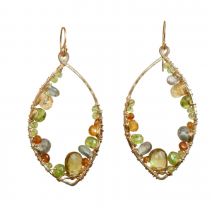 Hammered Marquis Drop Earrings – Whiskey Quartz, Moss Aquamarine, Vessonite & Citrine Dangles - ClickThatClicks 