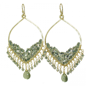 Hammered drop hoop with moss aquamarine, about 2-1/4".