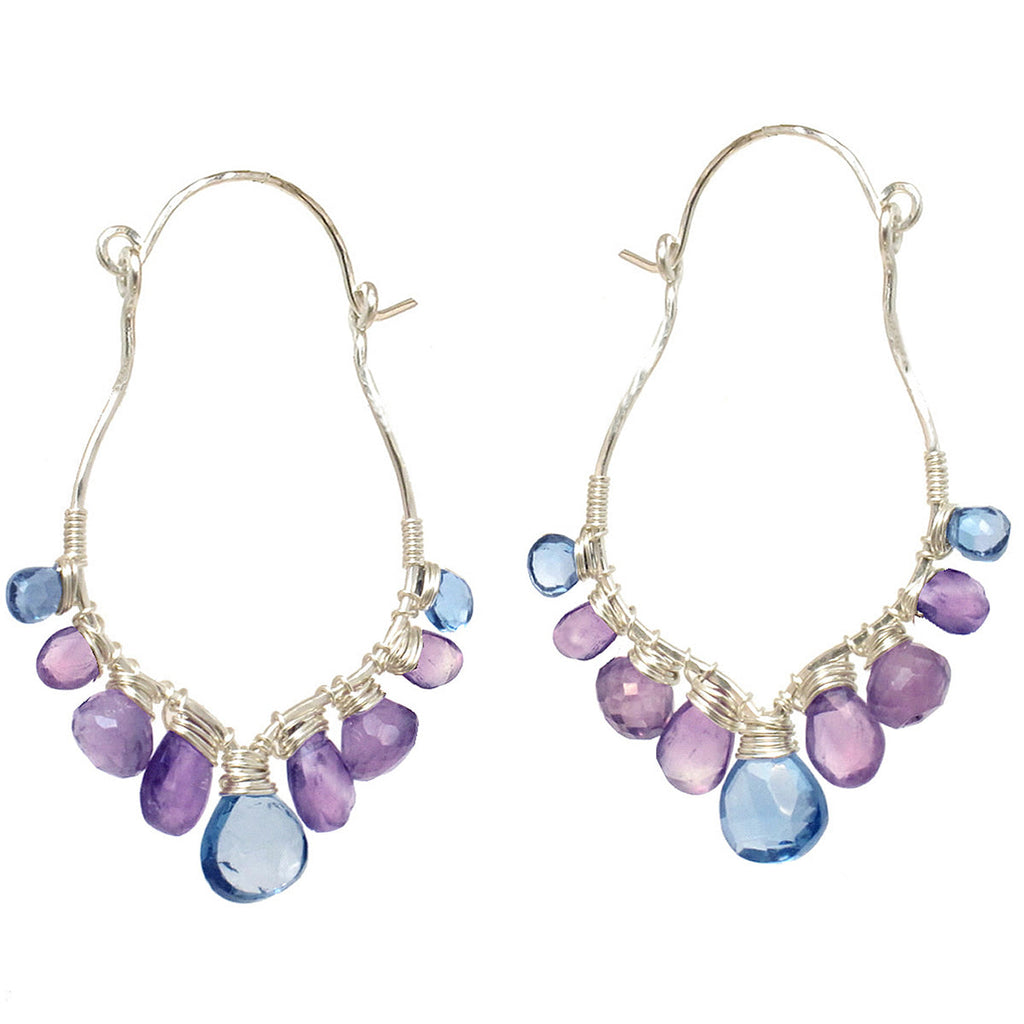 Hammered Drop Earrings – Chalcedony, Amethyst & London Blue Quartz Dangles - ClickThatClicks 