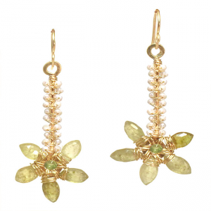 Hammered Stick Drop Earrings – Ivory Pearl & Green Garnet Dangles - ClickThatClicks 