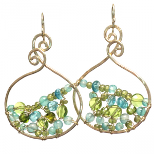 Large Hammered Swirl Drop Earrings with Turquoise, Green Garnet & Green Tourmaline - ClickThatClicks 