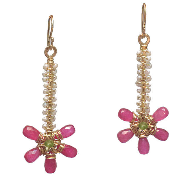 Hammered Pearl & Pink Sapphire Stick Earrings – Handcrafted Gemstone Jewelry - ClickThatClicks 