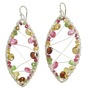 Hammered Fan Earrings with Peridot, Ruby, Turquoise & Mandarin Garnet – 2" Long