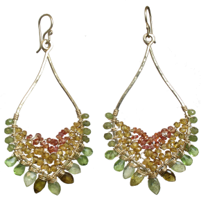 Hammered Marquise Earrings with Pink Ruby, Orange Sapphire, Mandarin Garnet, Green Garnet & Peridot – 2.25" Luxury Gemstone Jewelry