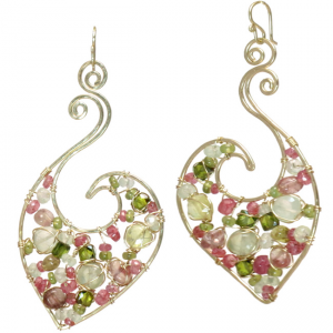 Hammered Swirl Earrings with Peridot, Pink Ruby, Vessonite & Prehnite – 1.75" Artisan Gemstone Jewelry