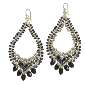 Hammered Drop Hoop Earrings with Black Onyx, Spinel & Bronze Pearls – 2" Luxury Gemstone Jewelry