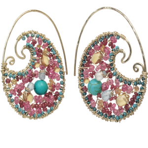 Hammered Swirled Hoop Earrings with Pink Ruby, Mandarin Garnet, Aquamarine & Turquoise – 2" Long
