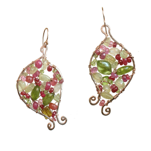 Hammered Swirl Earrings with Pink Ruby, Vessonite, Idocrase & Prehnite – 2" Long
