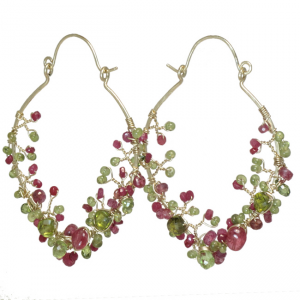 Hammered Drop Hoop Earrings with Mixed Tourmaline – 2-1/4" Long