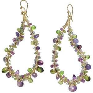 Hammered Paisley Earrings with Peridot, Amethyst, Tanzanite, Green Garnet & Blue Topaz – 2" Long