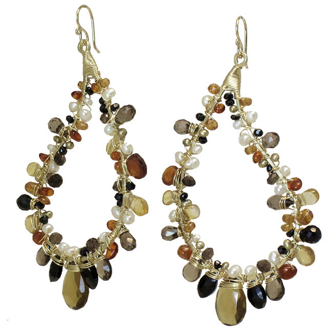 Hammered Paisley Earrings with Pearls, Smoky Quartz, Whiskey Quartz, Citrine, Mandarin Garnet & Black Spinel – 2-1/2" Long