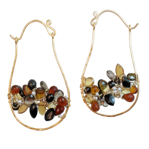Hammered Drop Earrings with Black Spinel, Mandarin Garnet, Whiskey Quartz & Citrine – 2" Long