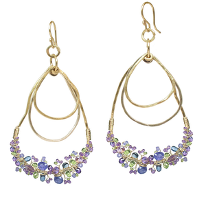 Hammered Drop Hoop Earrings with Peridot, Aquamarine, Chalcedony, London Blue Topaz & Green Apatite – 2-1/2" Long