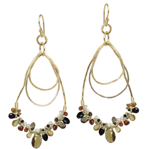 Hammered Drop Earrings with Black Spinel, Mandarin Garnet, Whiskey & Smoky Quartz – 2" Long