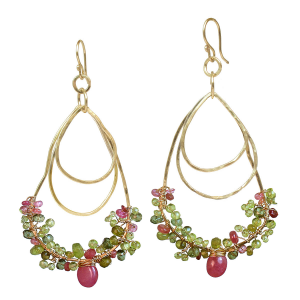 Hammered Drop Earrings with Pink Ruby, Peridot & Vessonite – 2-1/2" Long