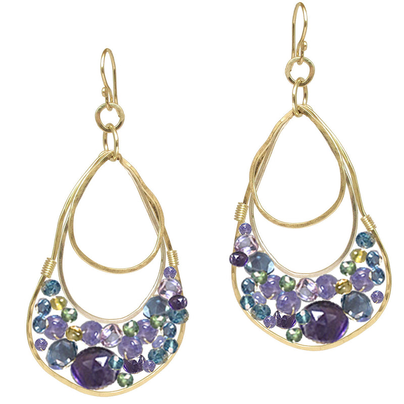 Hammered Drop Earrings with Amethyst, London Blue Topaz & Green Apatite – 2-1/2" Long