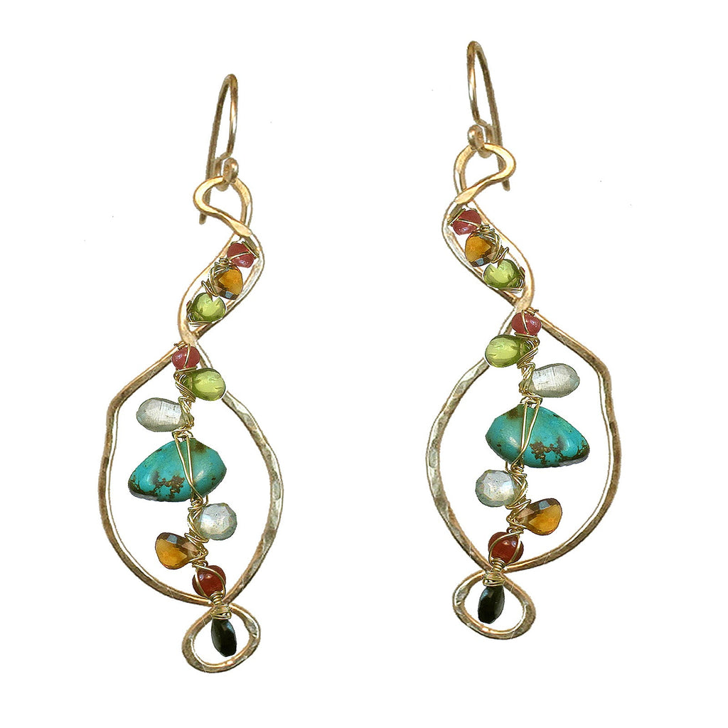Hammered Drop Turquoise, Peridot, Mandarin Garnet & Aquamarine Earrings
