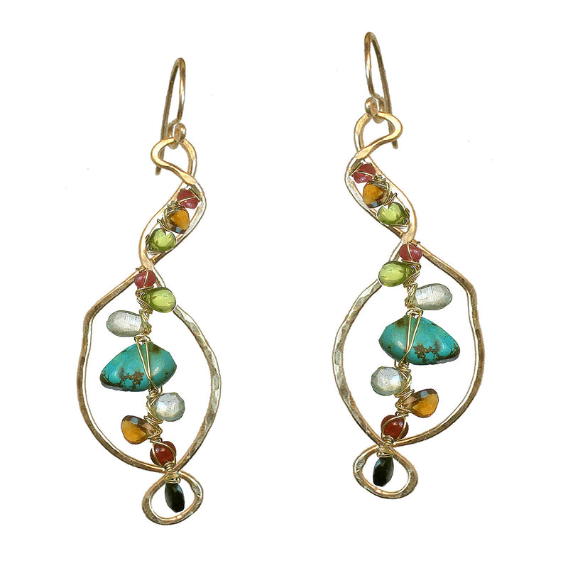 Hammered Drop Turquoise, Peridot, Mandarin Garnet & Aquamarine Earrings