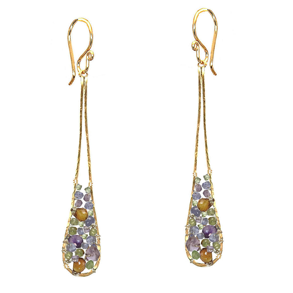 Hammered Long Drop Vessonite, Amethyst, Mandarin Garnet & Blue Quartz Earrings