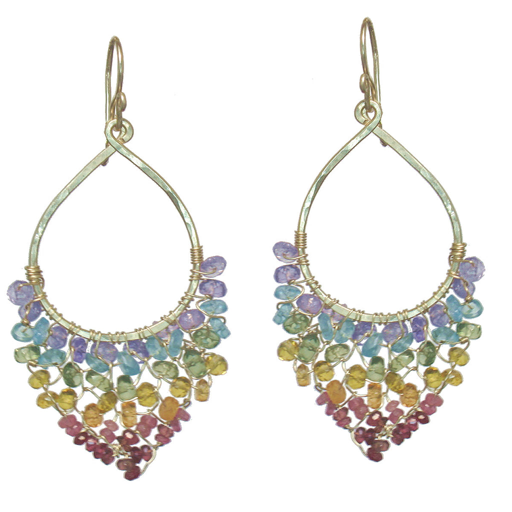 Hammered Drop Earrings Wrapped with Blue Topaz, Apatite, Peridot, Citrine, Carnelian & Pink Tourmaline
