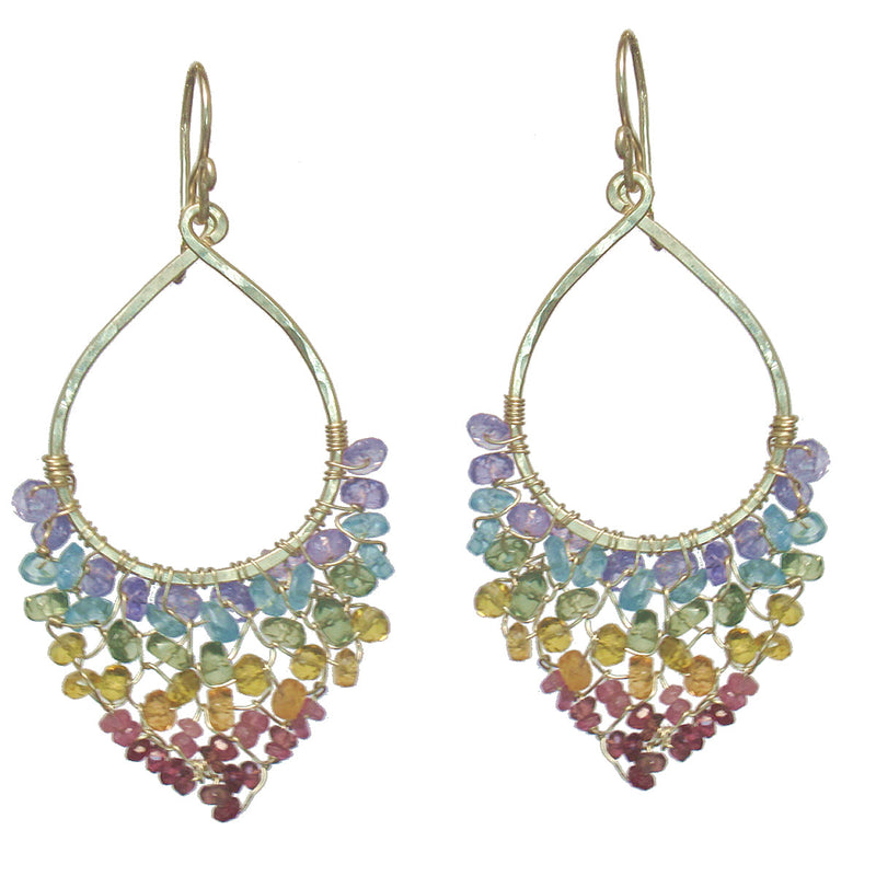 Hammered Drop Earrings Wrapped with Blue Topaz, Apatite, Peridot, Citrine, Carnelian & Pink Tourmaline