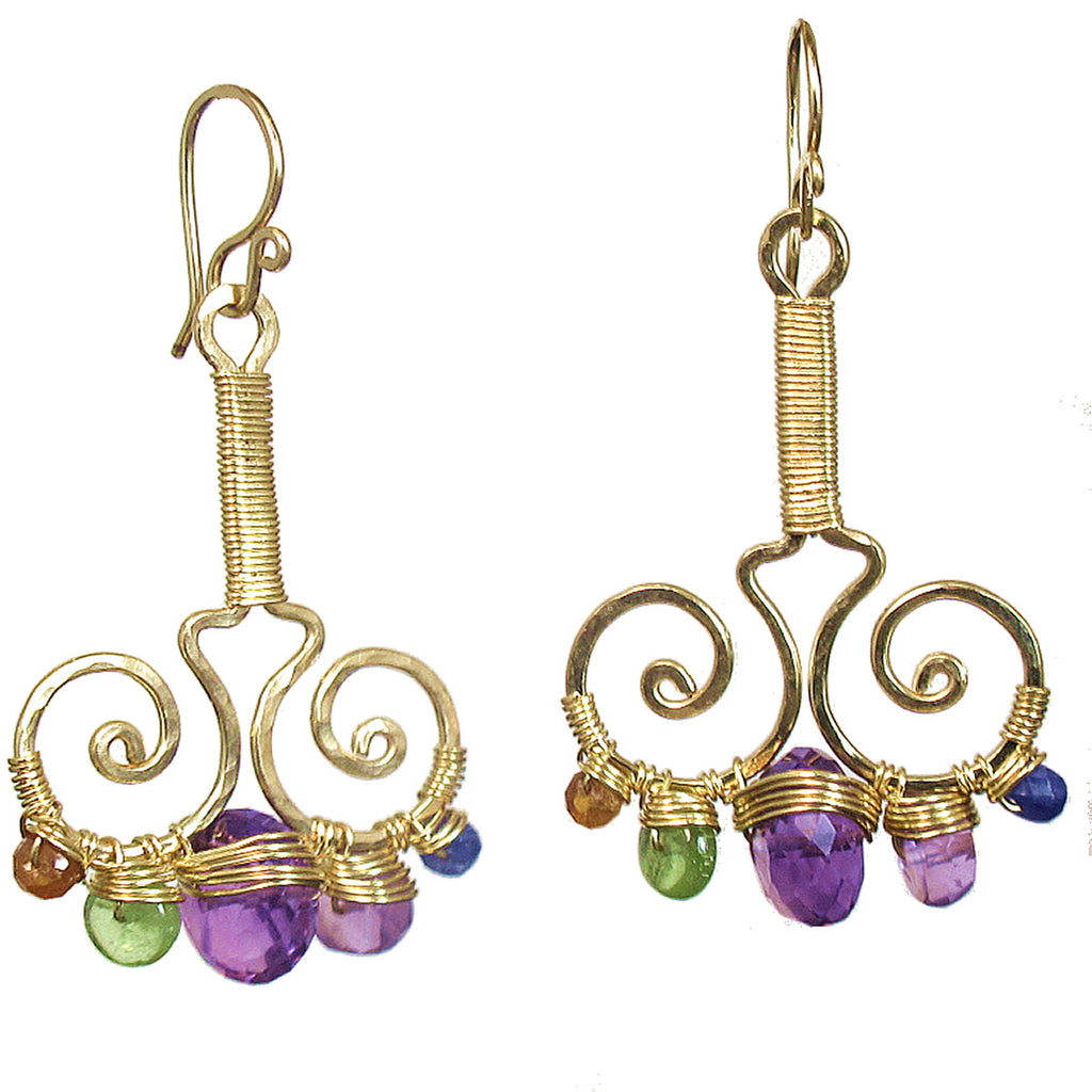 Hammered Swirl Drop Earrings with Mandarin Garnet, Peridot, Tanzanite & Amethyst