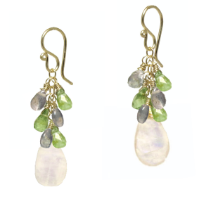 Moss Aquamarine, Peridot & Moonstone Cluster Earrings