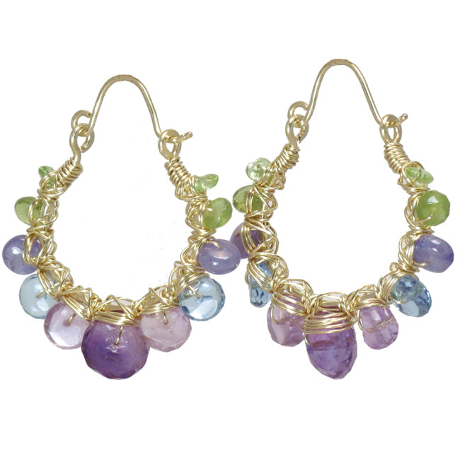 Hammered Wired Hoop Earrings with Peridot, Tanzanite, Blue Topaz & Amethyst