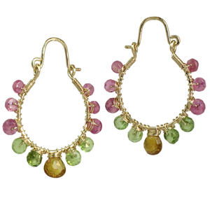 Hammered Wired Hoop Earrings with Pink Ruby, Peridot & Mandarin Garnet