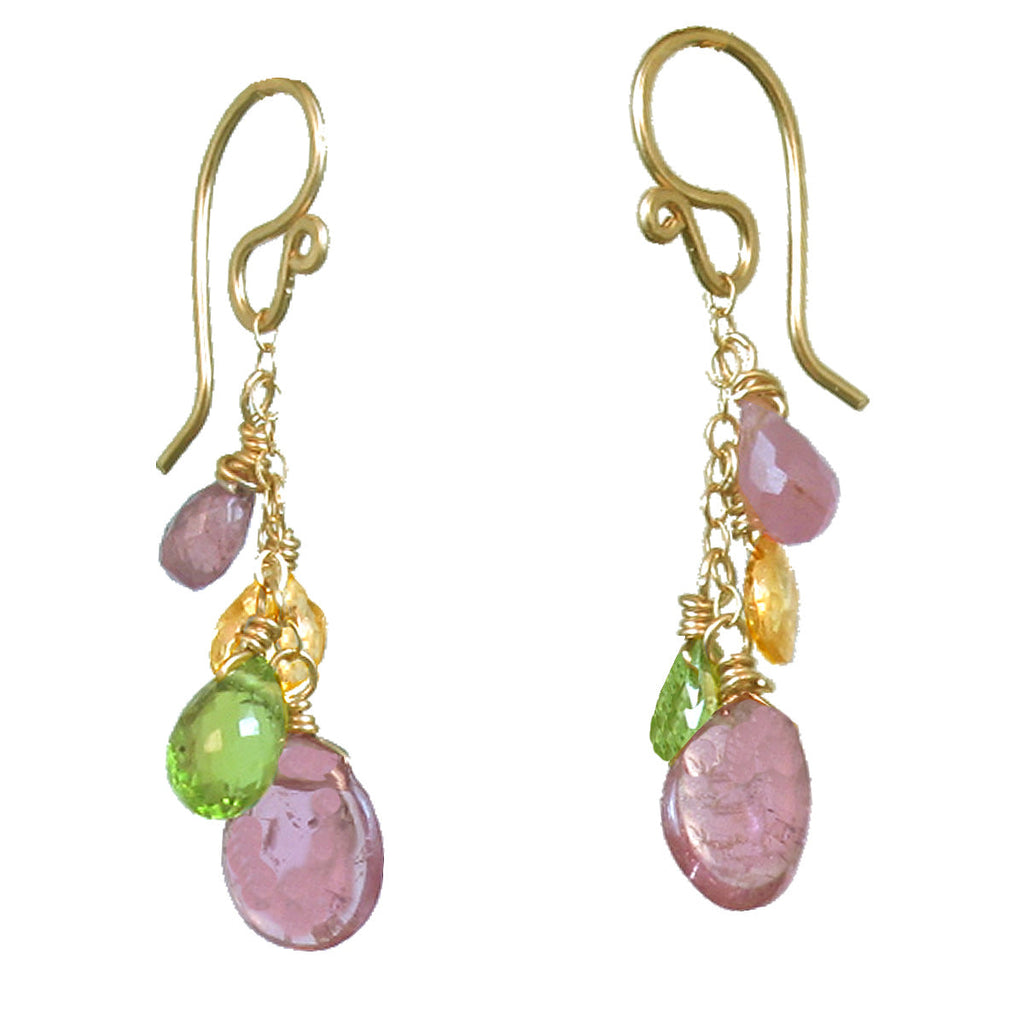Citrine, Peridot & Pink Tourmaline Linked Earrings – Handcrafted Gemstone Design