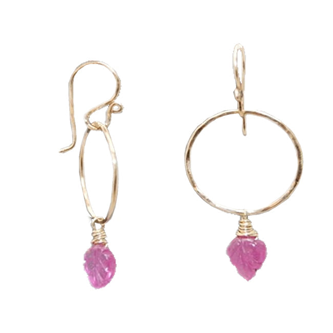 Pink Sapphire Leaf Earrings – Hammered Circle Drop Design
